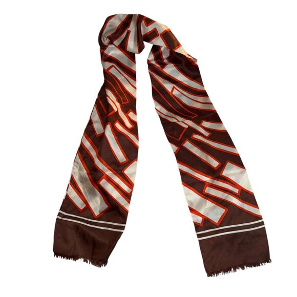 Fall brown Orange vintage 100% SILK fringe trim 60s mod print scarf ASNEW - Picture 5 of 5